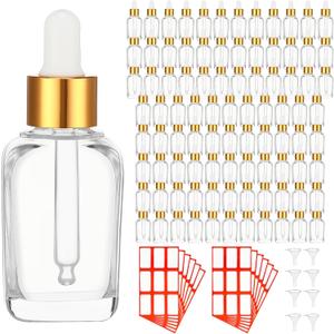 Dandat 100 Pcs 1 oz Clear Glass Dropper Bottles 30 ml Eye Dropper Bottles Leakproof Empty Tincture Glass Containers Bulk with Labels and Funnels Golden Caps for Essential Oils, Perfumes, Liquids