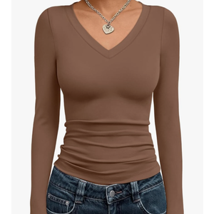 Long Sleeve Shirts for Women 2026 Fall Fashion V Neck Basics Crop Tops Slim Fitted Y2K Tops Outfits Clothes Size Medium, Coffee Grey 