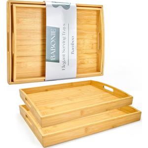 Bamboo Serving Tray with Handles Set of 2 - Decorative Wooden Trays for Eating, Working, and Storing, Suitable for Use in Bedroom, Living Room, Kitchen, Bathroom, Outdoor Scenarios and More