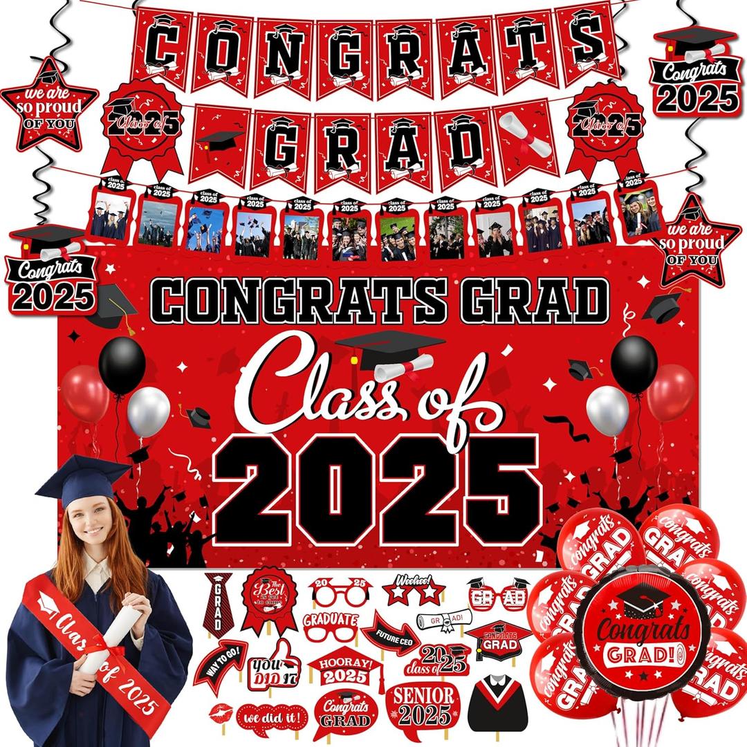 Graduation decorations class of 2025,graduation backdrop sign,photo booth props,Congrats grad banner,Hanging Swirls,Red sash for men women graduation party decorationsRed