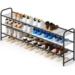 KEETDY 3-Tier Long Shoe Rack for Closet Metal Shoe Organizer for Entryway, Wide Stackable Shoe Storage Shelf with Sturdy Wire Grid for Closet Floor, Bedroom, Black (11.4x43x24.4)