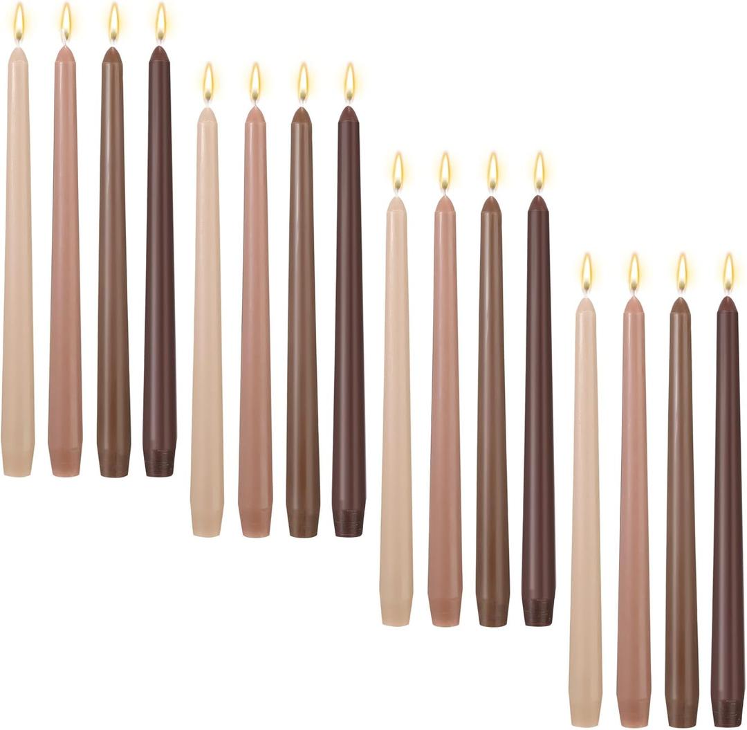 MTLEE 16 Pcs 10 Inch Long Tapered Candle Stick Bulk Smokeless Unscented Burning Candlestick Paraffin Wax with Cotton Wick for Dinner Valentine Wedding Party Church (Gradient Brown)