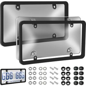 2 Pack License Plate Protector, Plastic Car Front/Rear License Plate Protector with Screws Caps, Universal Car Accessories for Most Cars (Black)