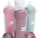 Herobility Anti-Colic Baby Bottles 12 fl oz/340ml - Pack of 4 Plastic Baby Bottles, Slow Flow Plastic Bottles, Breast-Shaped Teat for Breastfed Babies - Multicolor - White, Gray, Pink, Hawthorn Rose