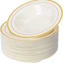50 Pack Ivory Gold Plastic Bowls, 12oz Gold Rim Fancy Disposable Soup Bowl Heavy-Duty Serving Dessert/Salad Bowls for Party, Birthday