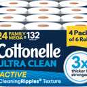 Cottonelle Ultra Clean Toilet Paper, 24 Family Mega Rolls=132 Regular Rolls