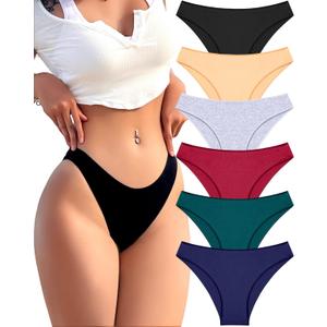 FINETOO 6 Pack Cotton Underwear for Women Cute Low Rise Bikini Panties High Cut Breathable Sexy Hipster Womens Cheeky (Large)