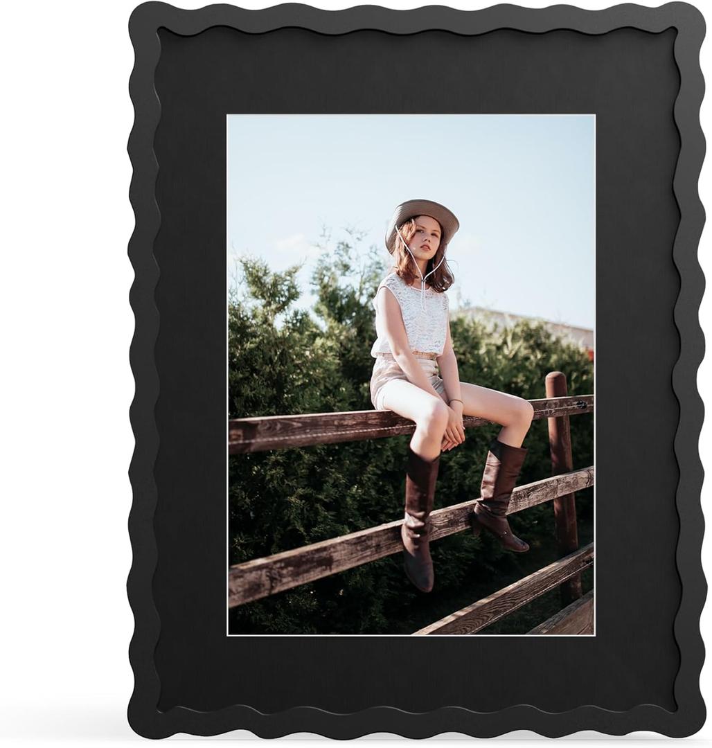 THKRLOF 11x14 Picture Frame with Mat for 8x10, Wavy Edge Wooden Real Glass Photo Frame for Wall Hanging, Black, 1 Pack