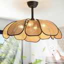26 Inch Fandelier Rattan Ceiling Fans with Lights and Remote,Boho Black Chandelier Ceiling Fan for Dining Living Room,Bedroom,Kitchen,4-Light, Medium