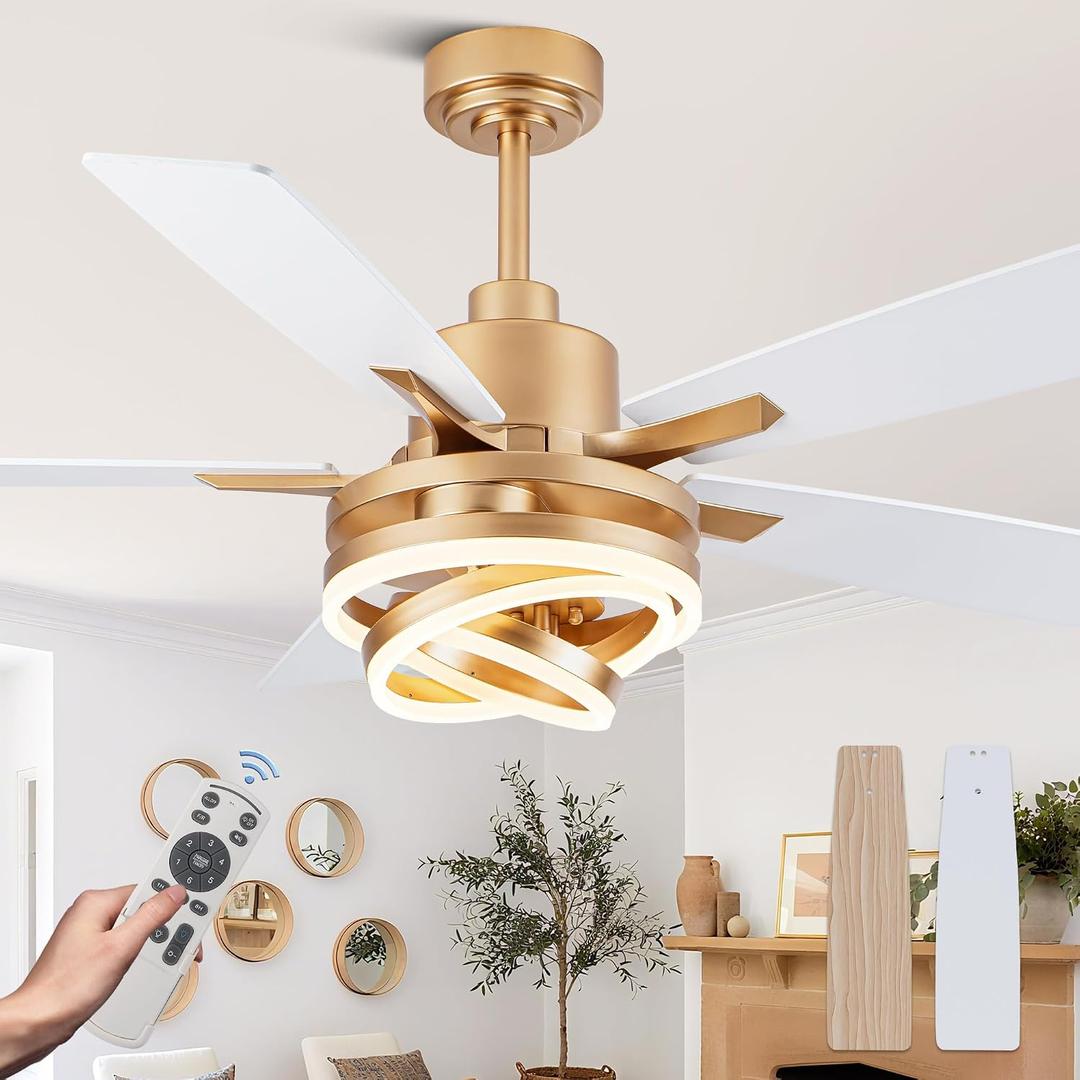 52" White and Gold Ceiling Fans with Lights Modern Chandelier Fan
Remote, 3 DIY Rings, 3000-6000K, 2550ML, Dimmable, High CFM, Reversible DC Motor, 6 Speeds, Memory, for Living Room, Bedroom