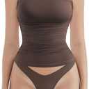 SUUKSESS Women Sexy Mesh Sheer Crop Tank Tops Sleeveless Ruched Going Out Tops (XL, Mocha)