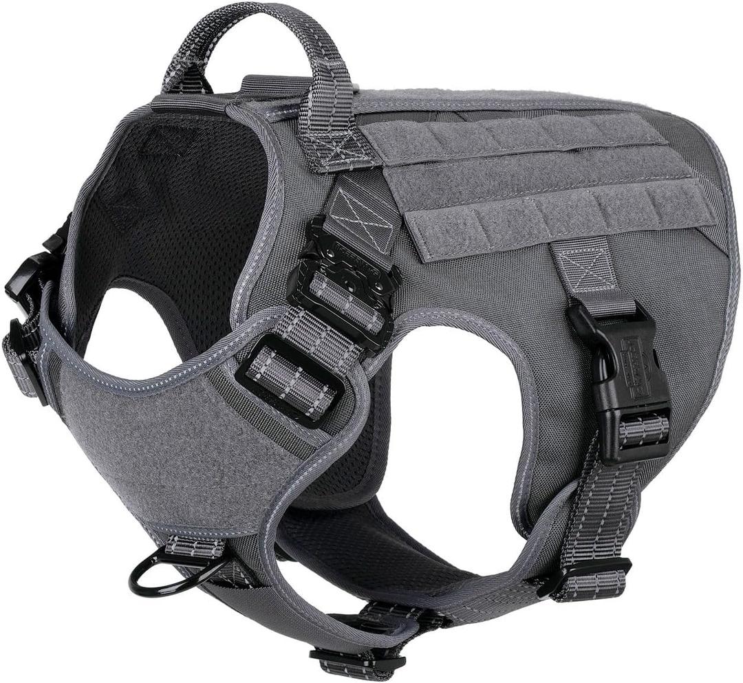 ICEFANG Tactical Dog Harness, Large Size,2X Metal Buckle,Working Dog MOLLE Vest with Handle,No Pulling Front Leash Clip,Hook and Loop Panel Grey,L (Pack of 1)