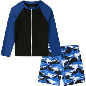Boys Zipper Rash Guard Sets UPF 50+ with Short 3-9 Years (7-8 Years, 005 Shark)