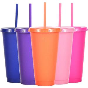 Suertestarry Tumbler with Straw and Lid,Water Bottle Iced Coffee Travel Mug Cup,Reusable Plastic Cups,Perfect for Parties,Birthdays,24oz-5 Pack (Solid Color, 5pack)