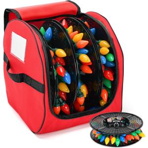 Christmas Light Storage Bag, Heavy Duty 600D Fabric with Reinforced Handle, 3 Reels Stores up to 375 Ft of Mini Lights & Extension Cords, Waterproof & Anti-tear Christmas Storage Bag for Holiday, Red