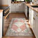 Beeiva Washable Rugs 3x5 Non Slip, Vintage Medallion Entryway Area Rug for Bedroom Indoor Medallion Ultra Thin, Low Pile Distressed Carpet for Kitchen Office Home Decor (Pink & Multi,3'x5')