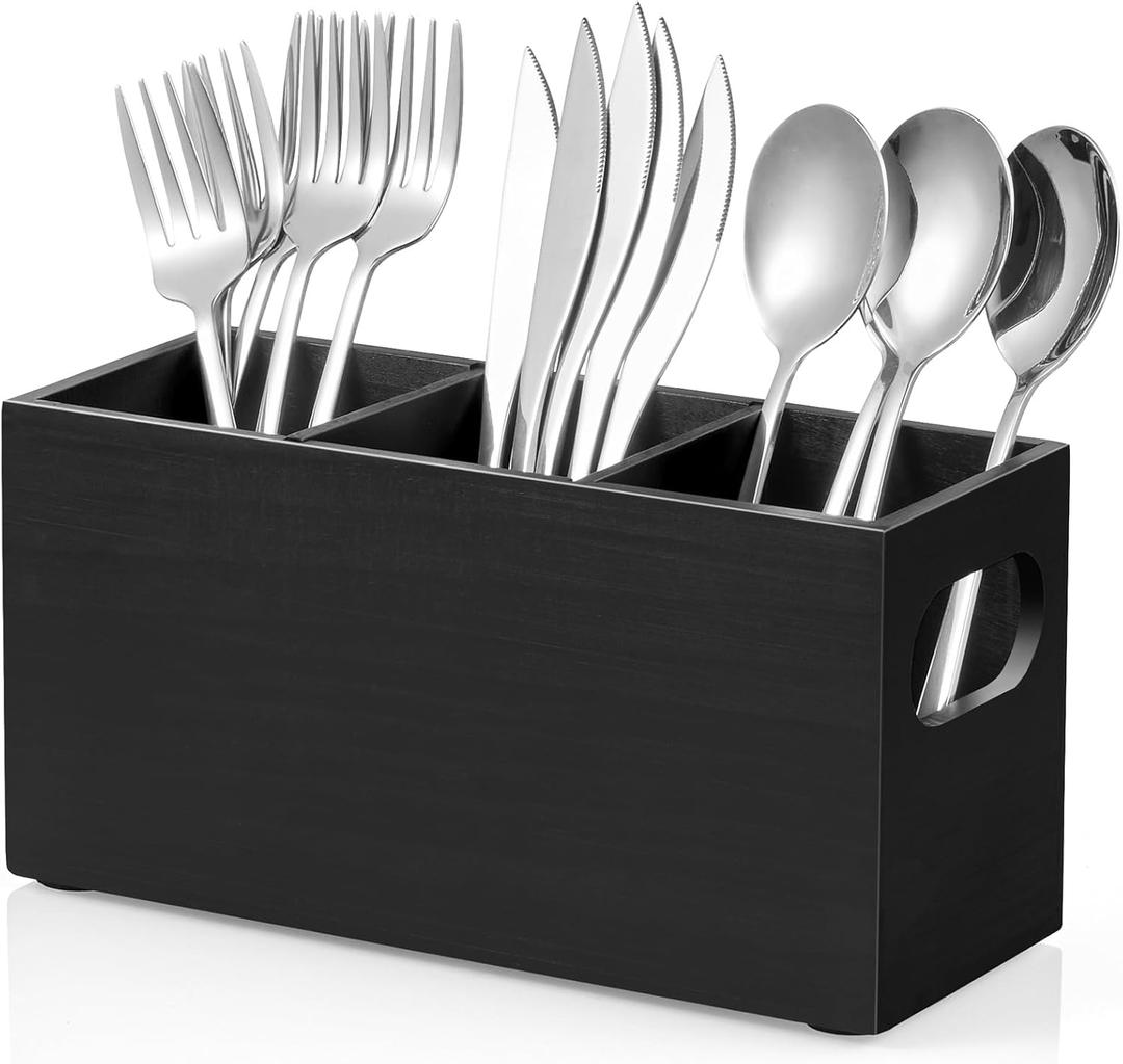 DRASTAR Silverware Holder, Wooden Utensil Caddy, Silverware Organizer Countertop, Cutlery Holder for Party, Fork Spoon Knife OrganizerBlack