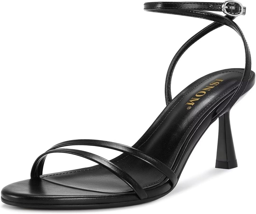 ISNOM Womens Sandals Round Toe Low Heels Strappy Ankle Strap Kitten Heel Comfort Dress Party Shoes, US 7.5