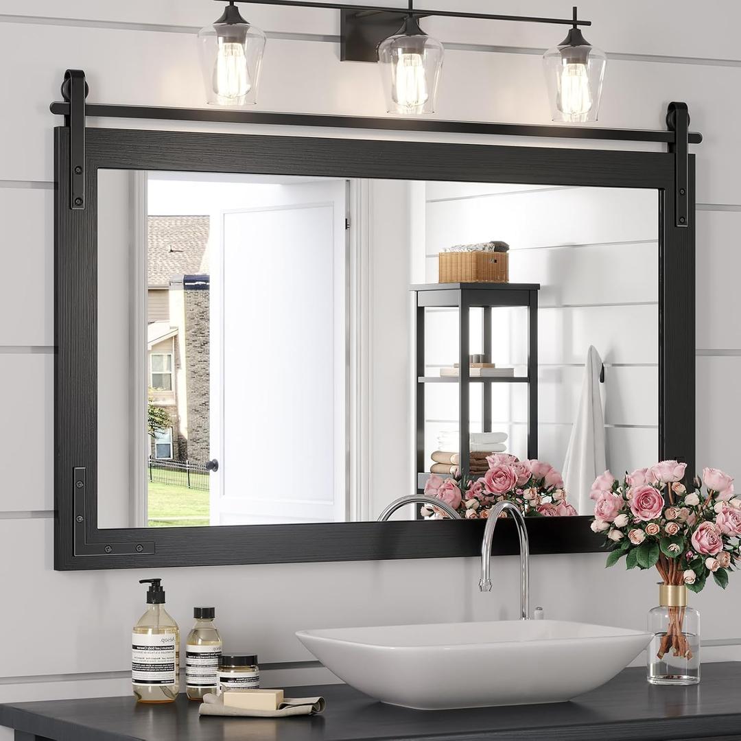 Farmhouse Mirror 41x26 Inch, Black Rustic Bathroom Mirror, Vanity Wood Framed Rectangular Wall Decorative Mirrors for Entryway, Living Room, Bedroom