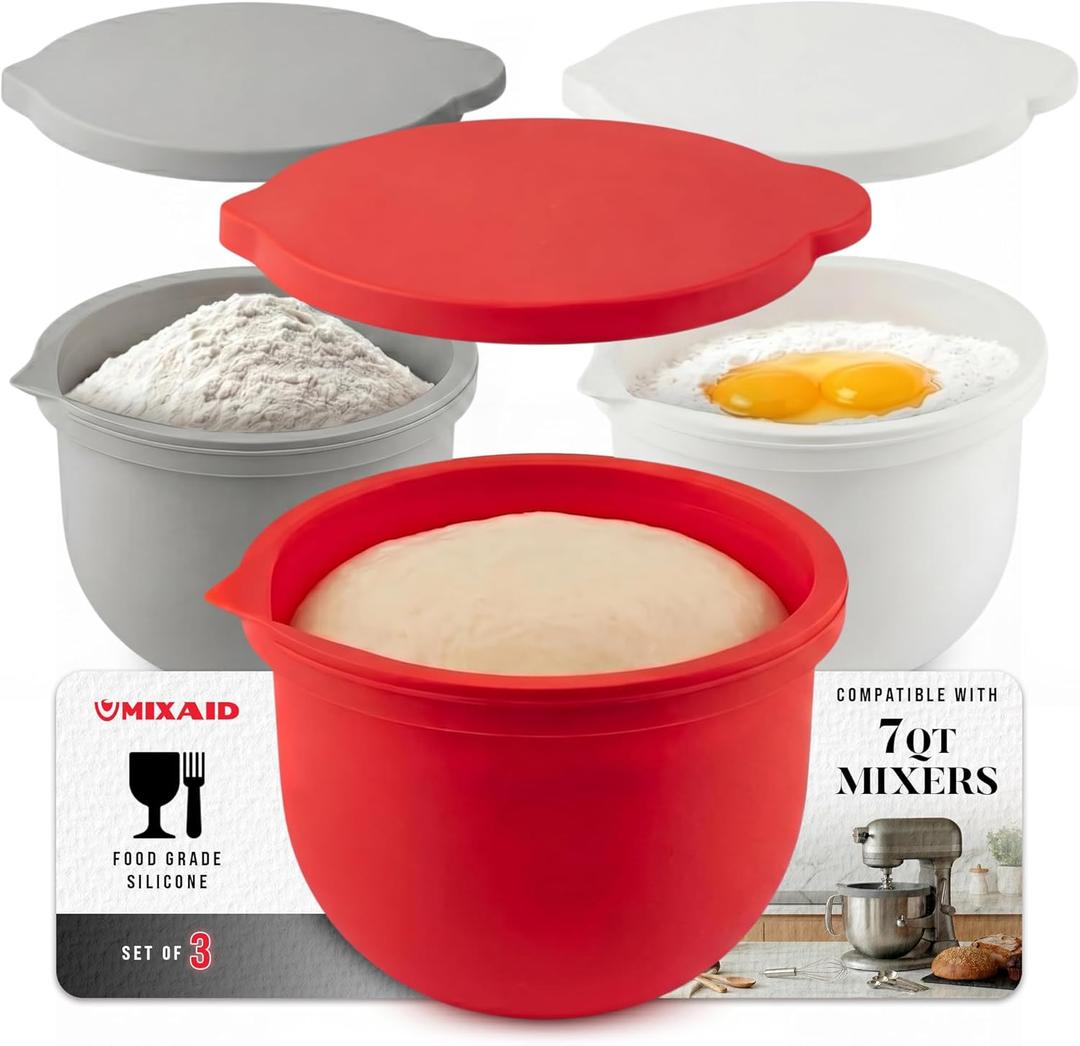 The Original MIXAID Silicone Bowl Insert Liners for KitchenAid Bowl-Lift 7 Qt Stand Mixers - Replacement Mixer Accessories - Leak-Proof Design, Non-slip Base & Easy Clean - Set of 3 Liners & Lids