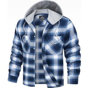 TACVASEN Men's Flannel Long Sleeve Hoodie Plaid Shirts Lightweight Cotton Button Down Casual Shirts with Pocket (Blue, XXL)
