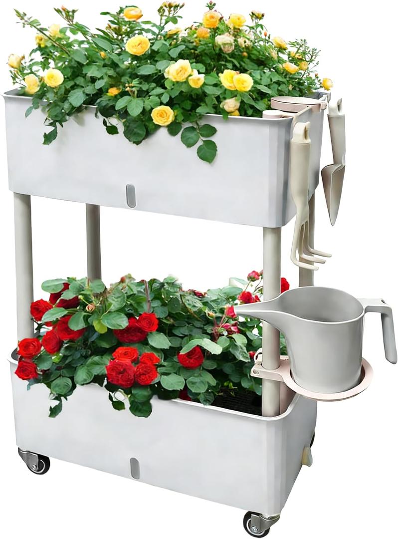 Self-Watering Raised Planter Box with Lockable Wheels,2-Tier Elevated Garden Bed with Visible Water Level Window,Indoor Outdoor Plastic Plant Box for Flowers,Vegetables & Herbs, Plus Size