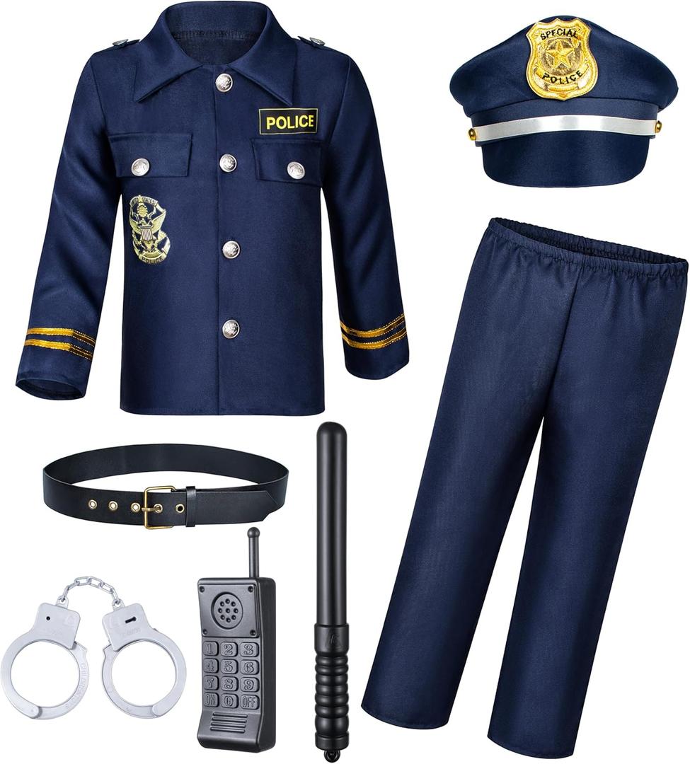 Kids Police Costume for Boys Cop Outfit Accessories Set Halloween Party Cosplay (3-5T, Blue)