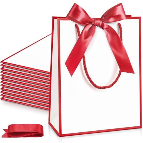 Silkfly 24 Pcs Wedding Paper Gift Bags with Handle 9x7x3.15'' Thank You Gifts Bags with Ribbon Bow Bridal Shower Gifts for Baby Shower Graduation Holiday Birthday Party Supplies (White,Red)