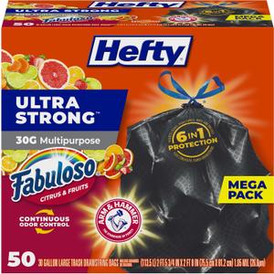 Hefty Ultra Strong 30 Gallon Bags, Large Bags 30 Gallon Size, Multipurpose, Break Resistant Drawstring Closure, Resists Leaks, Punctures, and Tears, Black, Fabuloso Scent, 50 Bags (50 Count (Pack of 1), Fabuloso Citrus & Fruits)