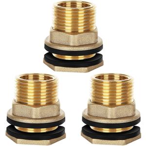 3 Pack Brass Bulkhead Fitting, 3/4" Female 1" Male Garden Hose Straight Threaded with Rubber Ring, Water Tank Connector Threaded Bulkhead Fitting for Aquariums Tubs Pools Spigot Rain Barrels