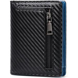 GAEKEAO Mens Wallet Slim Bifold RFID Blocking Thin Credit Card Holder Genuine Leather Minimalist Front Pocket Wallets for Men with Zipper Coin Pocket (Type 1 Black & Blue)