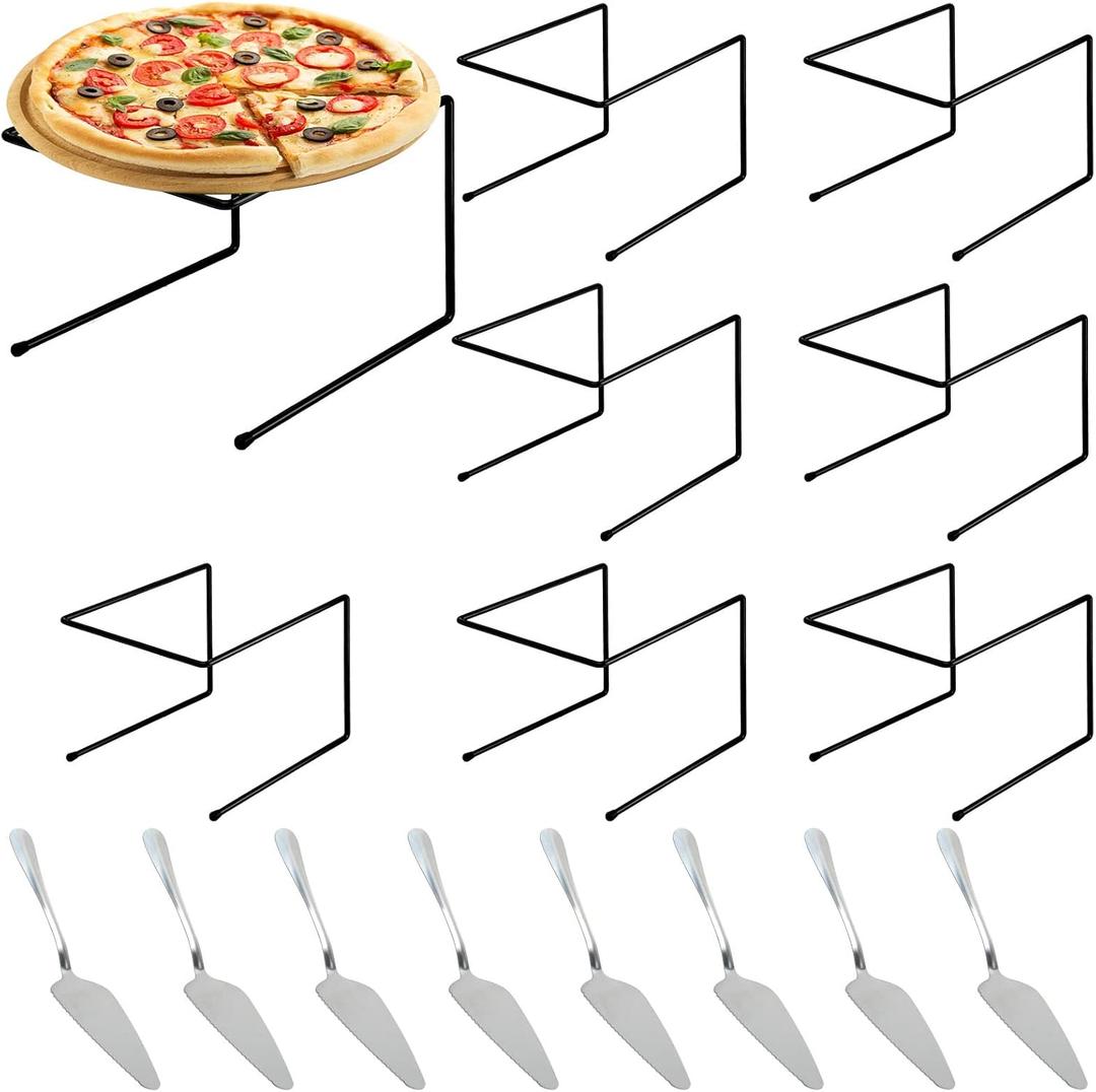 16 Pcs Pizza Pan Riser Stands Sets Includes 8 Black Metal Pizza Stand Rack Table Stands Pan Riser Food Platter Tray and 8 Stainless Steel Pie Servers with Handle for Dessert Cheese Baking