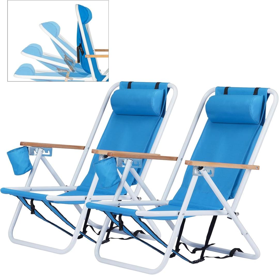Outvita Folding Beach Chair Adjustable Headrest w/4 Flexible Tilt Angle, Cup Holder Portable High Strength Cleanable Fabric, for Sand Camping Lawn Concert Travel Festival (Blue) 2 Pack