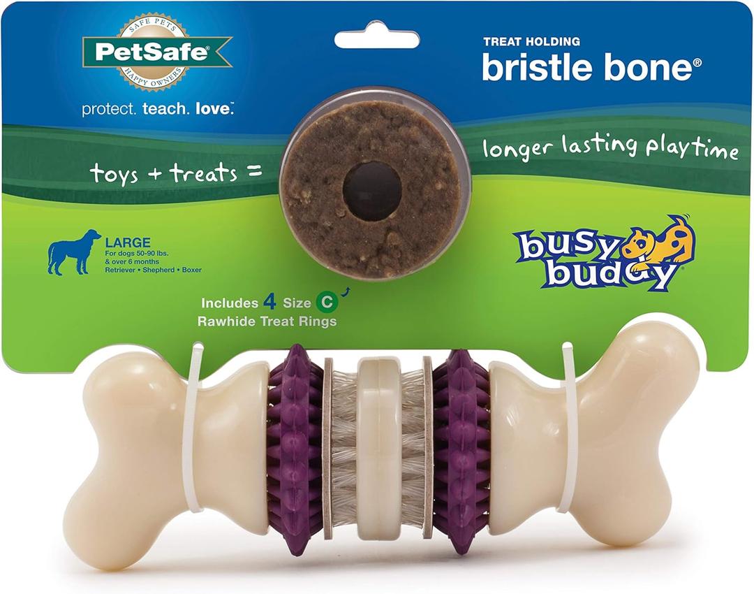 PetSafe Busy Buddy Bristle Bone - Chew Toy for Dental Health Support - Durable Dog Plaything for Tough Chewers - Includes 4 Refillable Treat Rings - Safe Chew Toy for Large Dogs (50-90 lbs) (Large (Pack of 1))