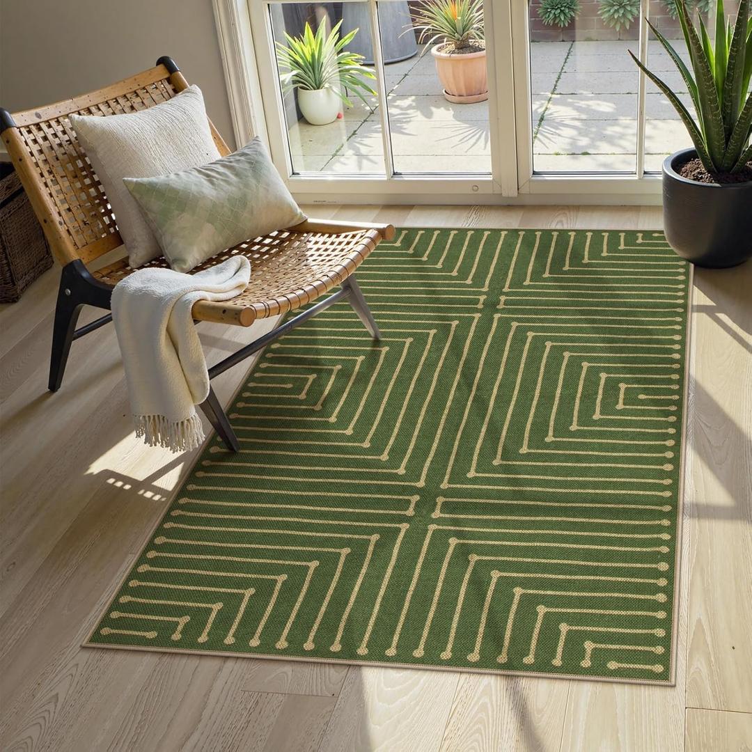 Lahome Neutral Geometric Green Easy Jute Rug, 3x5 Washable Entryway Front Porch Rug, Farmhouse Rhombus Non Slip Non Shedding Indoor Outdoor Carpet for Kitchen Balcony Laundry