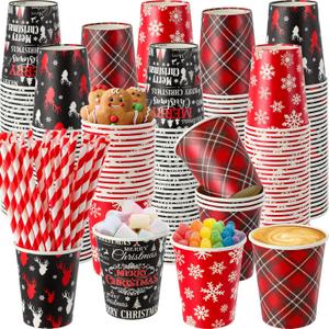 240 Set 9 oz Christmas Hot Cocoa Paper Cups Bulk Disposable Paper Coffee Tea Cups with Straws Christmas Hot Chocolate Bar Supplies for Tea Juice Xmas Party Holiday Drinkware (Classic)