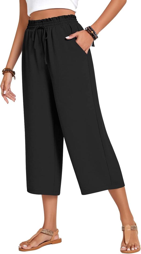 Anyhold Womens Capri Pants Loose High Waisted Wide Leg Lounge Pants Drawstring Casual Palazzo Trousers with Pockets (X-Large, Black)