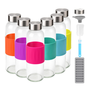 Zukro 18 oz Glass Water Bottles with Lids, 6 Pack Leak Proof Juice Bottles With Stainless Steel Cap for Juicing, Smoothie, Homemade Beverages Container, Reusable Drinking Jar with Grip Band, BPA Free