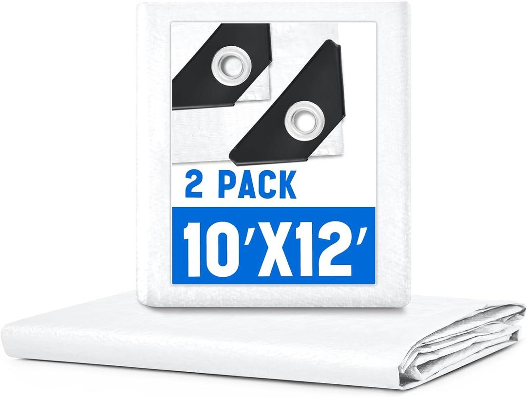 2 Pack 10 x 12 ft 5.5 Mil Large Tarps Heavy Duty Waterproof Tarp Multi Purpose Tent Cover for Home Boats Cars Camping Patio Furniture Roof Emergency Rain Protective Cover, White