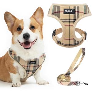 PUPTECK Soft Mesh Dog Harness and Leash Set Pet Puppy Cat Comfort Padded Vest No Pull Harnesses, Beige, XL (NECK: 20", CHEST: 21"-27"))