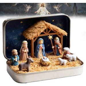 Touchfutrue Tiny Christmas Nativity Set, Pocket-Sized Nativity Scene Gift Box, Resin Nativity Set with Figurines, Christmas Decoration, Home Gift Decoration