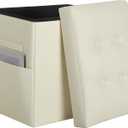 Ottoman with Storage, Slim Tall Foot Rest Stool with Thicker Foam Padded Seat. Folding Leather Storage Ottoman Furniture with Handles & Side Pocket for Living Room Bedroom 350 lbs, 17x13x17in, Beige