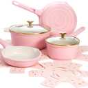 Pariis Hilton Clean Ceramic Nonstick Cast Aluminum Cookware Set with Heart Shaped Lid Knobs, Stay-Cool Handles, Made without PFAS, PFOA, PFOS & PTFE, 10-Piece, Pink