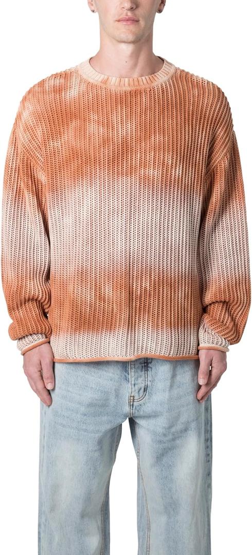 mnml Men's Tie Dye Open Knit Sweater (3X-Large, Orange)