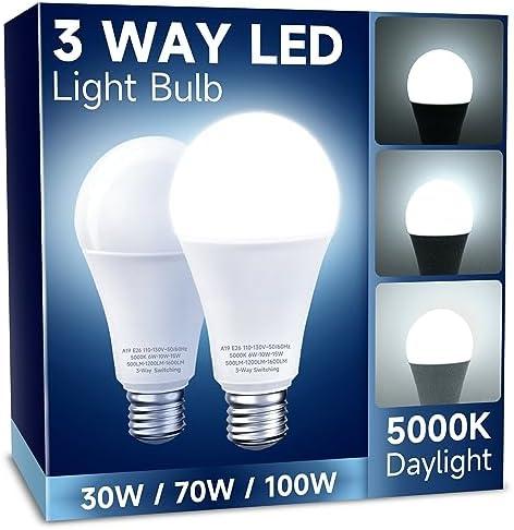 UNILAMP 3 Way LED Light Bulbs, 30/70/100W Equivalent, Daylight White 5000K, A19 Three Way Light Bulbs with E26 Medium Base, 2 Pack for Desk and Floor Lamps
