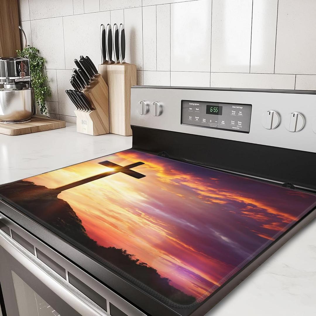 Cross Electric Stove Top Cover Protector-Sunset Glass Flat Top Stove Mat Oven Induction Cooktop Mats for Countertop Mats Heat-Resistant Dish Drying Mat