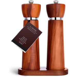 Wooden Salt and Pepper Grinder Set  Refillable Salt and Pepper Mill with Adjustable Upgraded Large Size Ceramic Burr  Manual Pepper Grinder with Acacia Wood Body  8.3 Tall