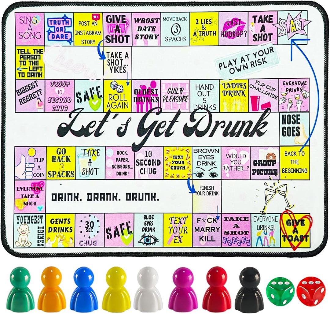 Drinking Board Game for Adults,Rubber Mat Drinking Board Game- Fun Interactive Drinking Party Game for Game Nights, Birthdays,Family Play or Any Occasion(2-8 Players, Age 21+)