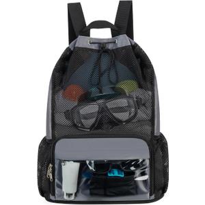 Drawstring Backpack Sandproof Beach Backpack with Shoe Compartment & Wet Pocket Waterproof Mesh Swim Bag Pool Bag for Gym, Travel and Workout Gear (Grey)