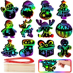 JOYIN 72 Pcs Christmas Scratch Art Ornaments, Rainbow Color Scratch Paper Craft Kit Include Snowman, Christmas Tree, and Reindeer, Scratch Off Hanging Ornament for Kids Party Favor